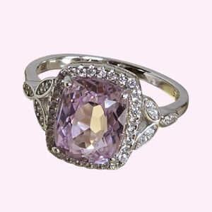 925 Sterling Silver Ring Sz 6.5 with Natural Kunzite 8x11mm Gem & CZ